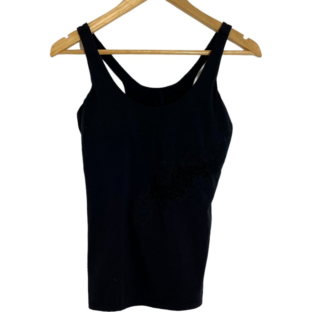 Women’s Small fabletics athletic black tank, floral design on left side